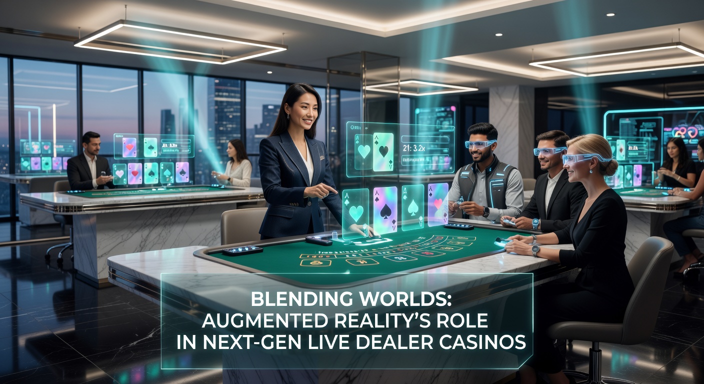 Player wearing AR glasses interacting with a live dealer in a blended casino environment, featuring holographic cards and interactive betting interfaces