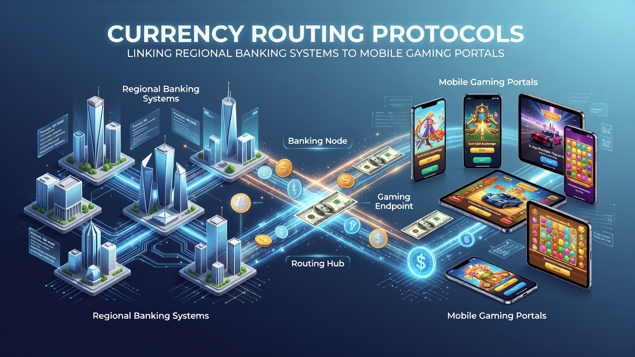 Diagram showing secure currency routing pathways between regional banks and mobile gaming interfaces