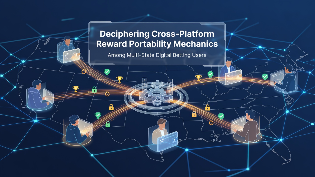 Illustration of digital betting interfaces showing reward points transferring across multiple state platforms