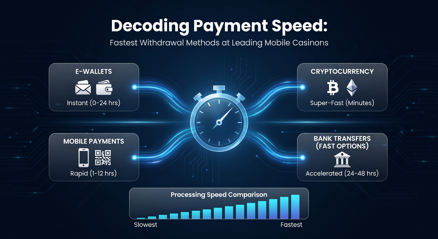 Smartphone displaying instant casino withdrawal confirmation with speed icons and digital wallets