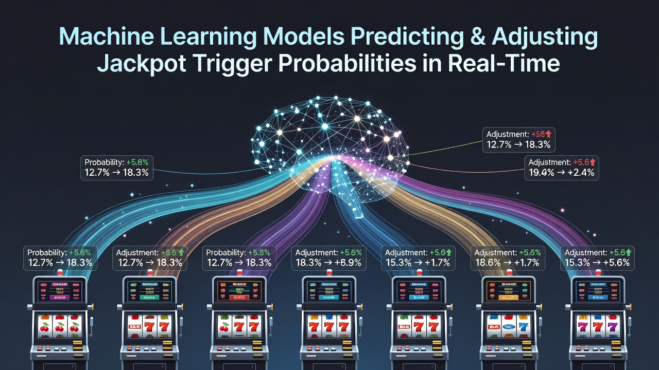 Networked slot machines in a casino floor with digital jackpot displays updating in real time