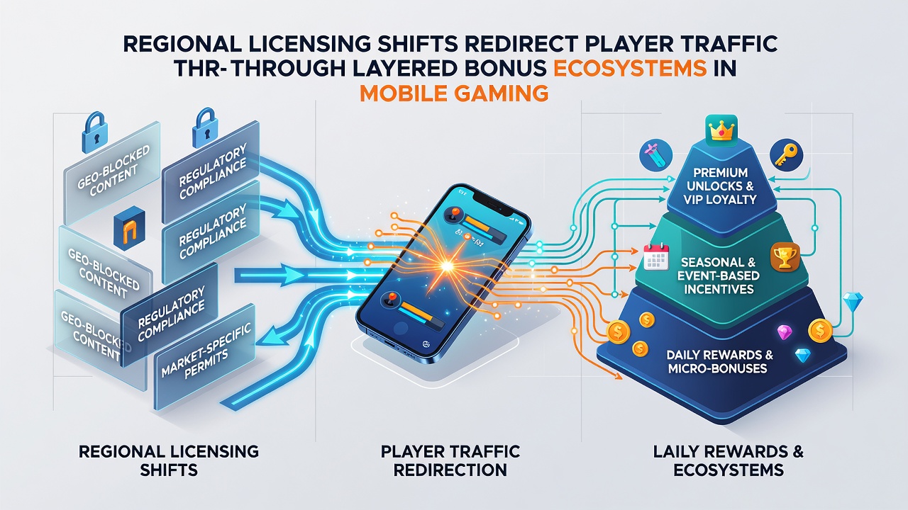 Network diagram illustrating player traffic flow between mobile gambling platforms connected through regional bonus layers