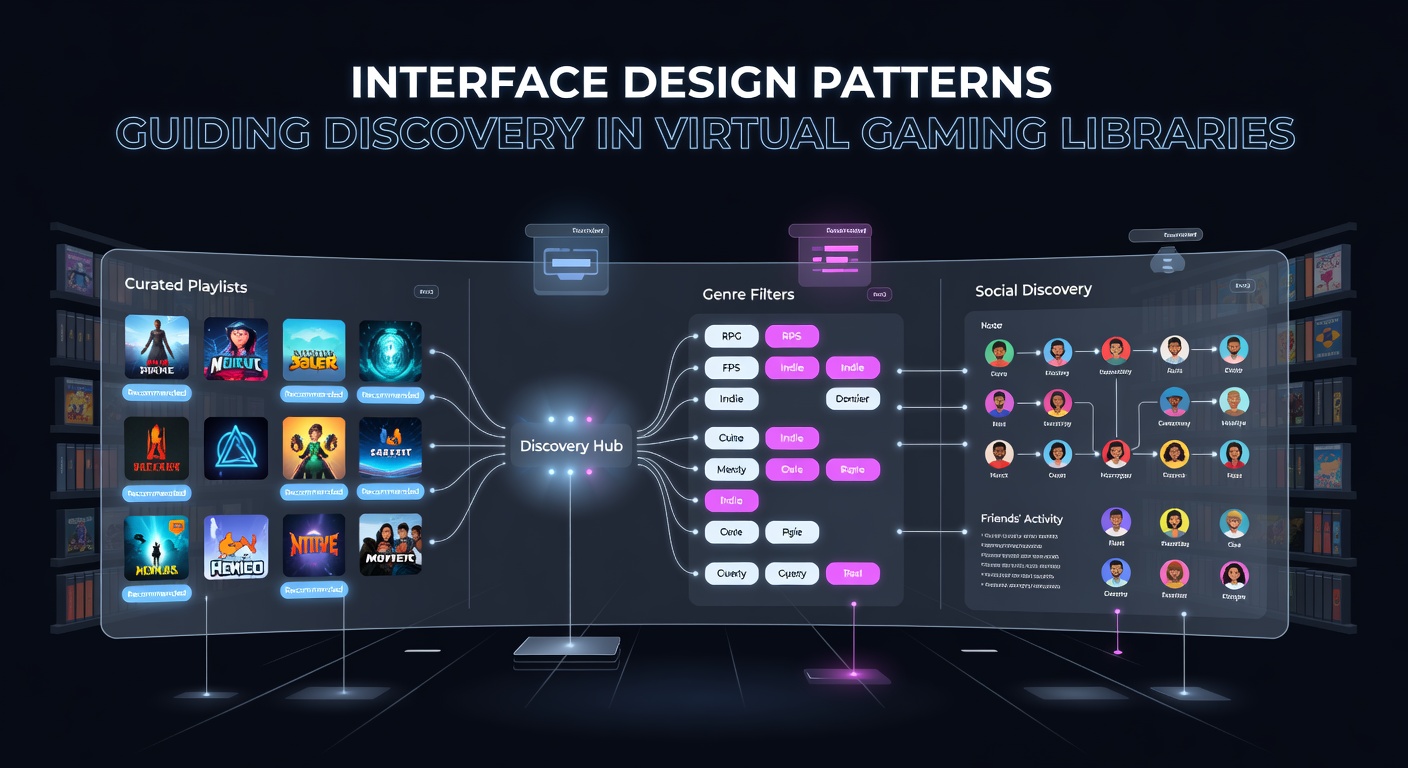 Virtual gaming library interface showing categorized game discovery patterns and navigation elements