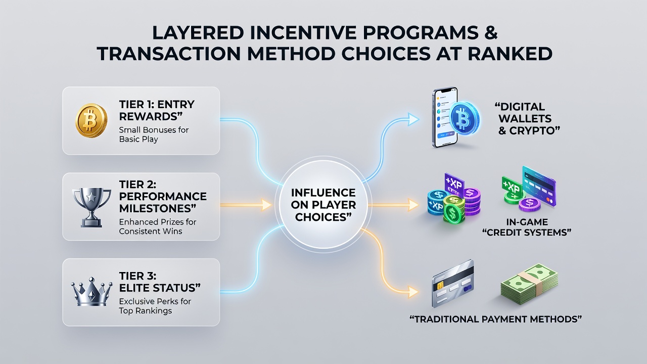 Infographic showing tier progression and corresponding preferred payment methods at virtual casinos