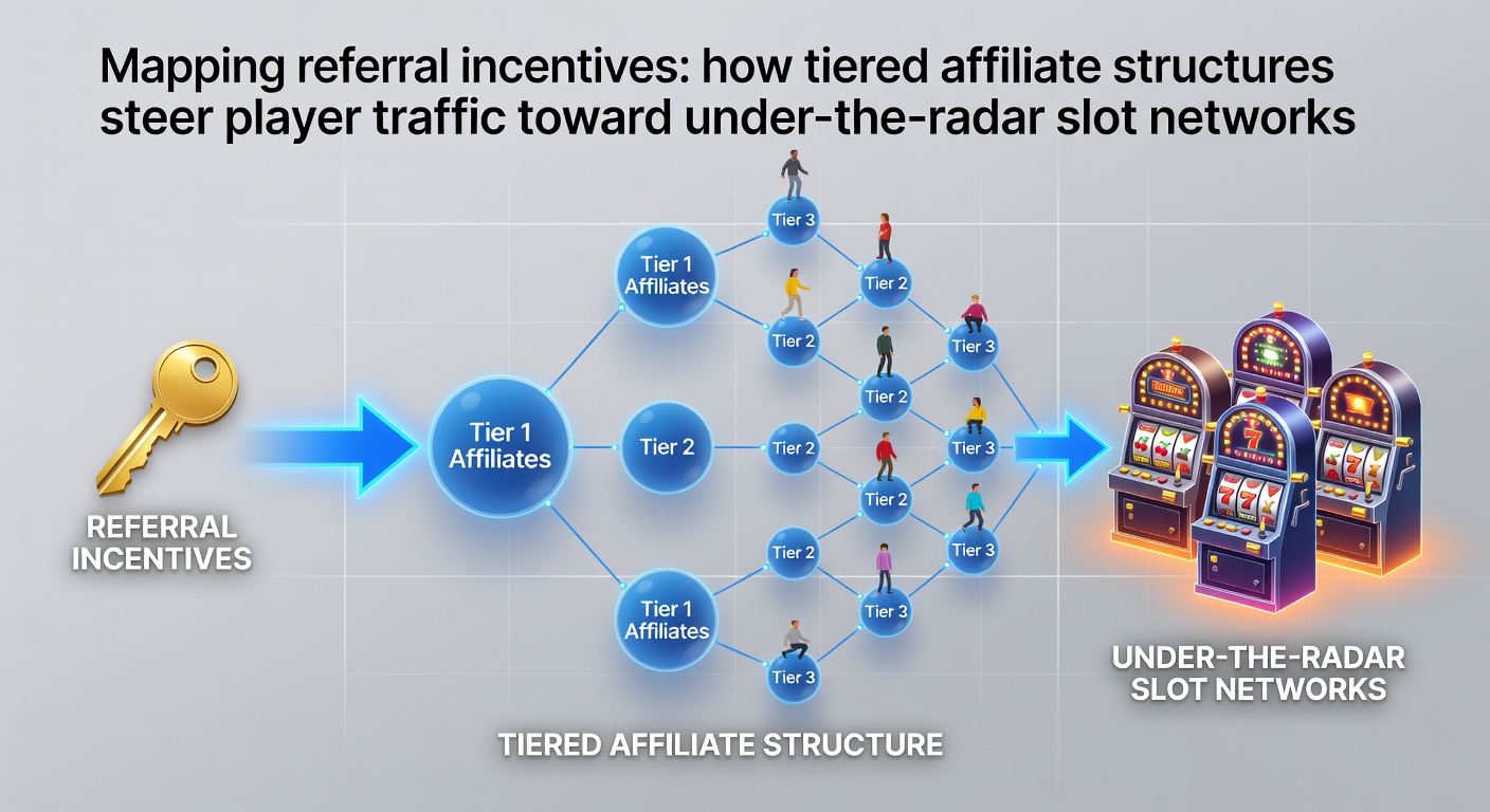 Diagram showing tiered affiliate commission levels directing traffic flows to emerging slot platforms