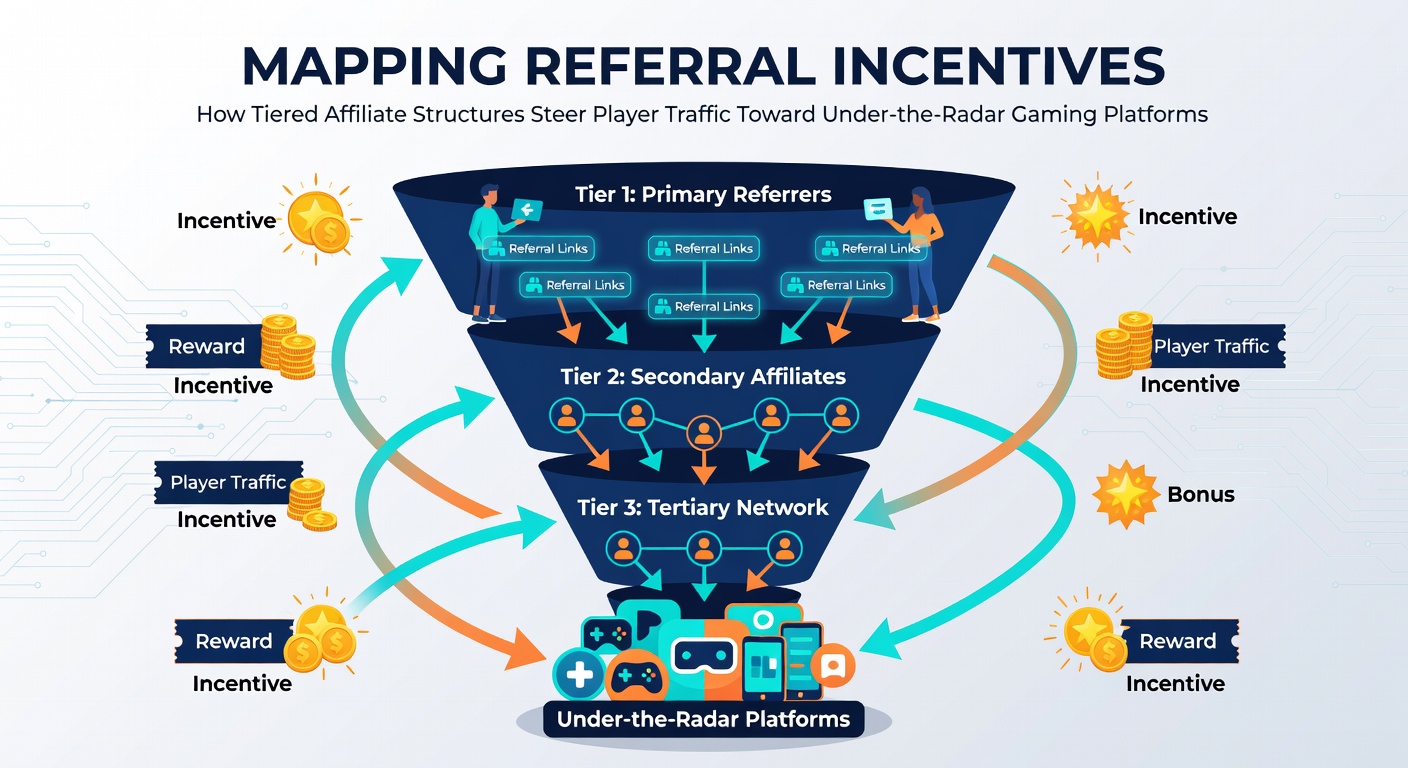 Flowchart illustrating how affiliate tiers redirect players to niche slot networks through incentive mapping