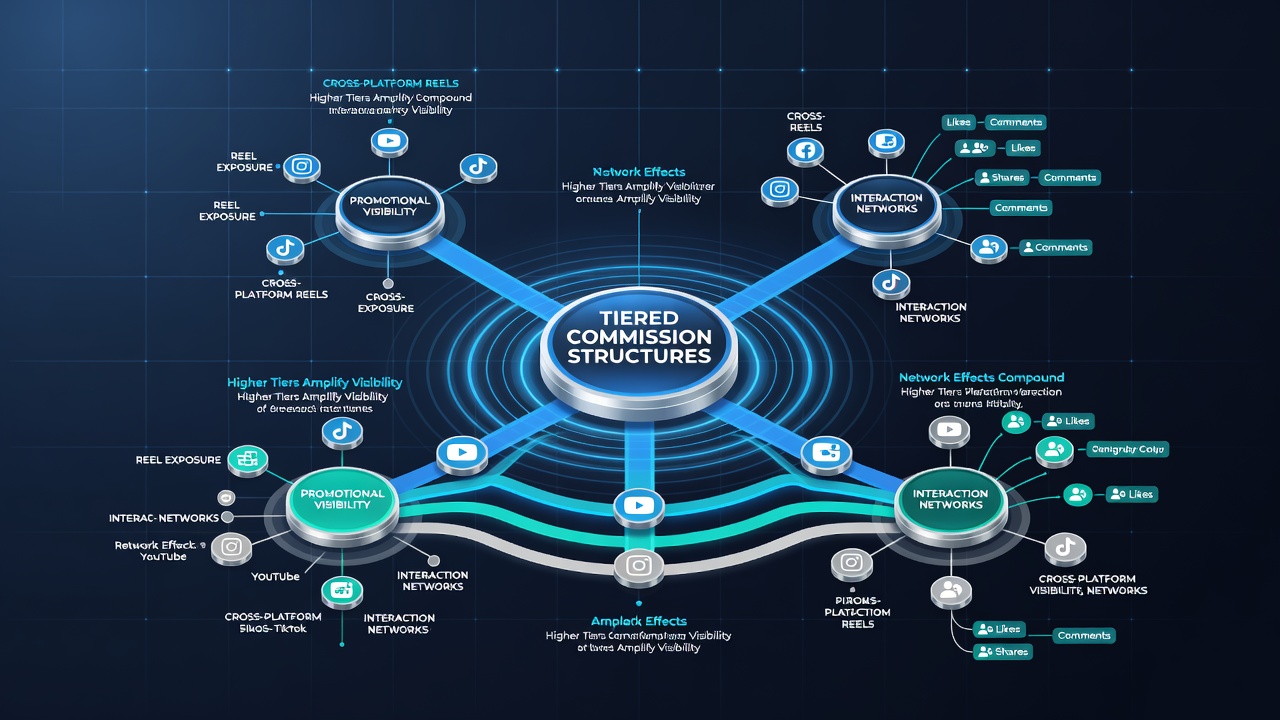 Diagram illustrating tiered commission flows across digital reel platforms and user interaction networks in online gaming affiliates