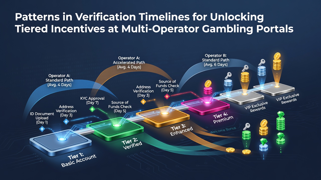 Overview of verification process timelines across multi-operator gambling platforms showing data flow between portals and incentive tiers