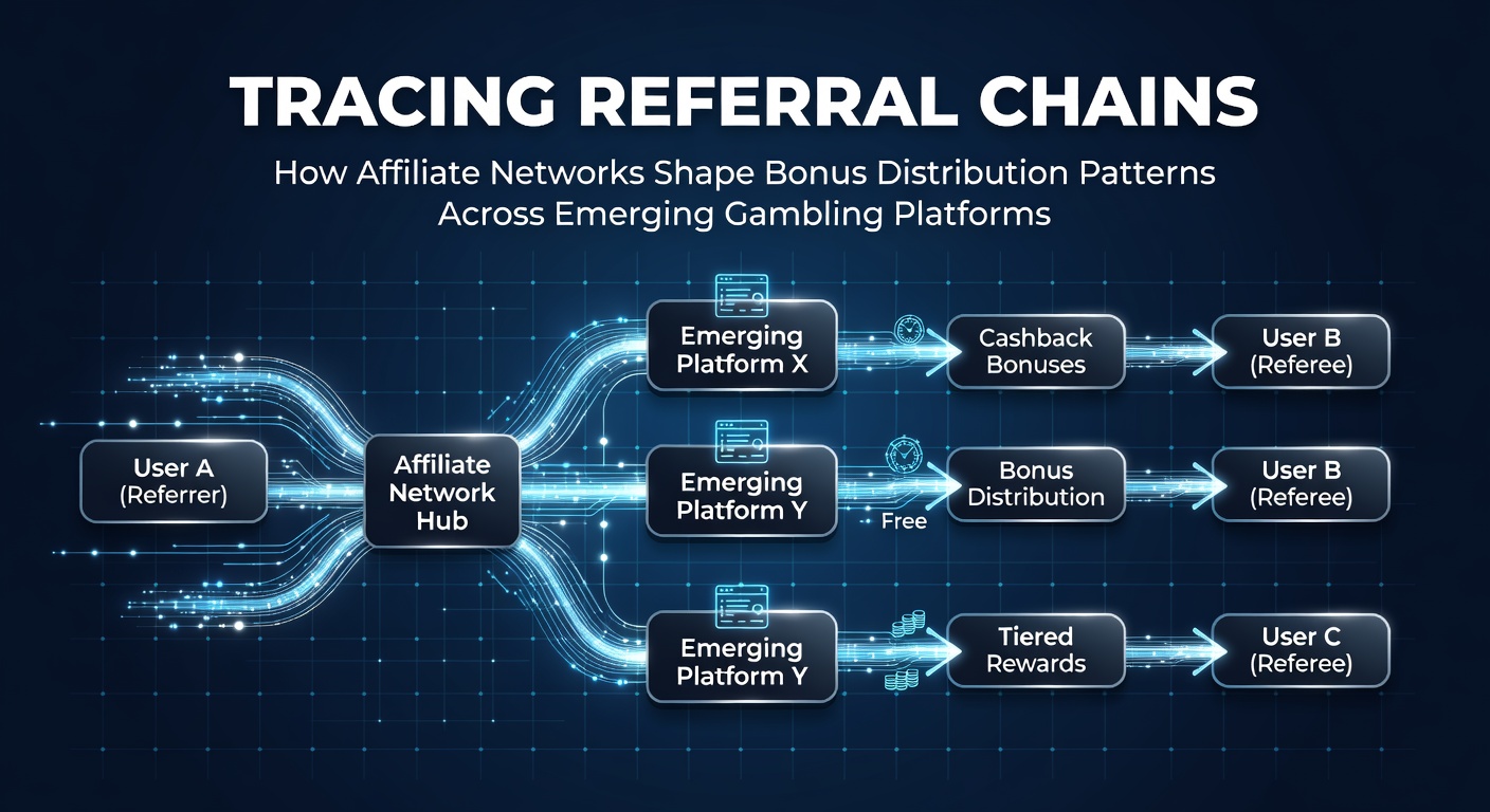 Diagram illustrating affiliate referral chains connecting players to emerging gambling platforms and bonus allocation flows