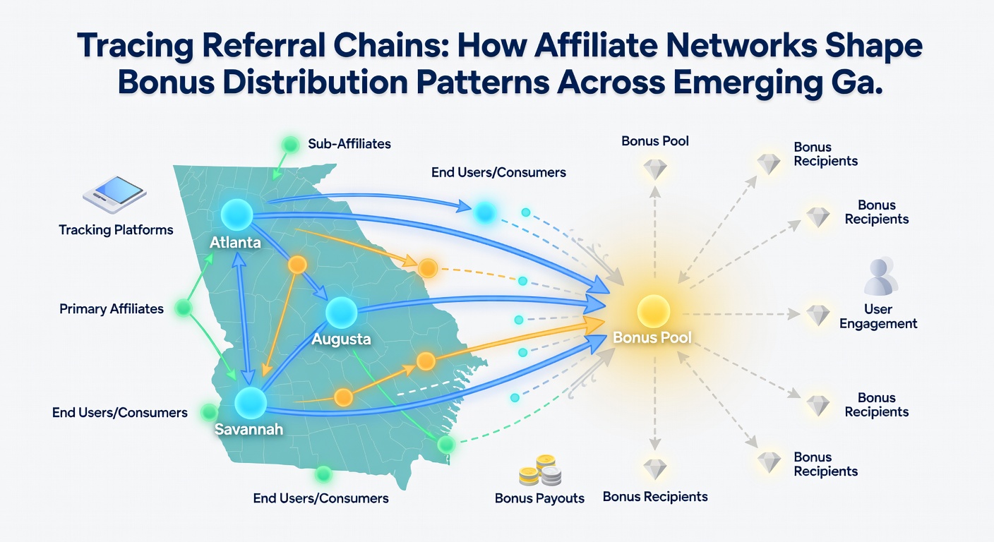 Infographic showing regional bonus distribution maps and affiliate network influence on emerging gambling sites
